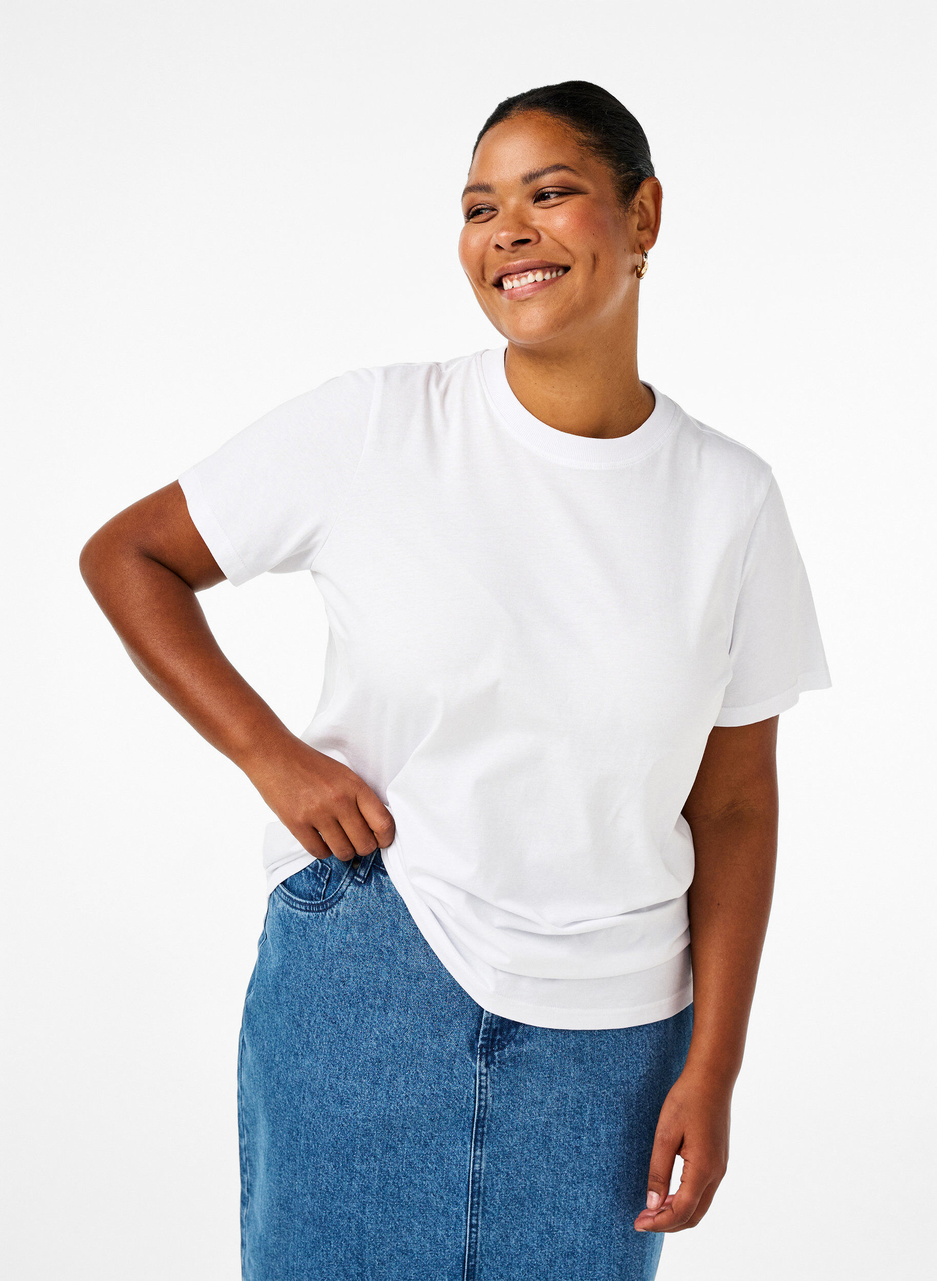 Basic katoenen T-shirt met ronde hals, Wit, Model