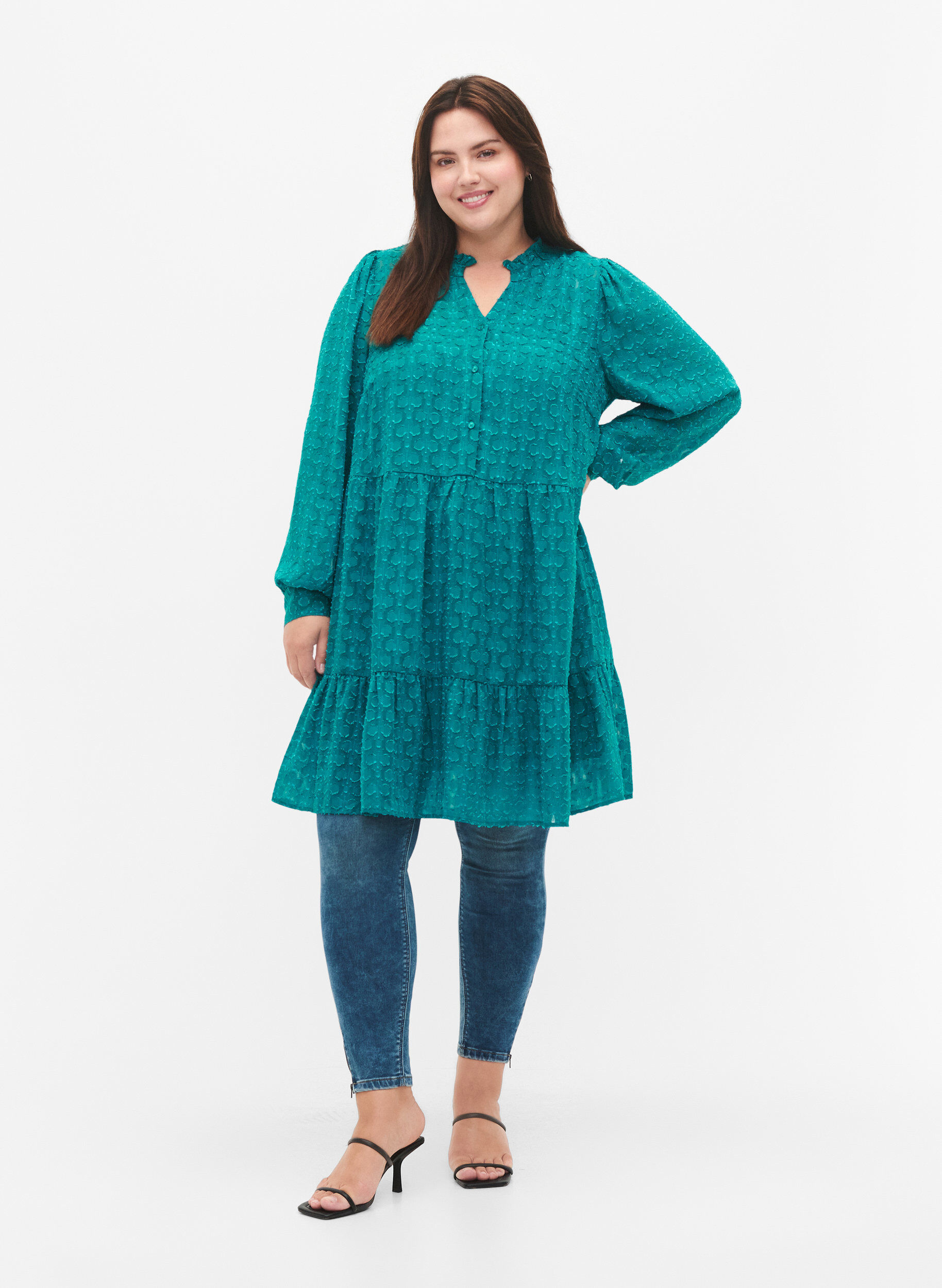 Zizzi Jacquard jurk met ruche kraag, Deep Lake, Model image number 2