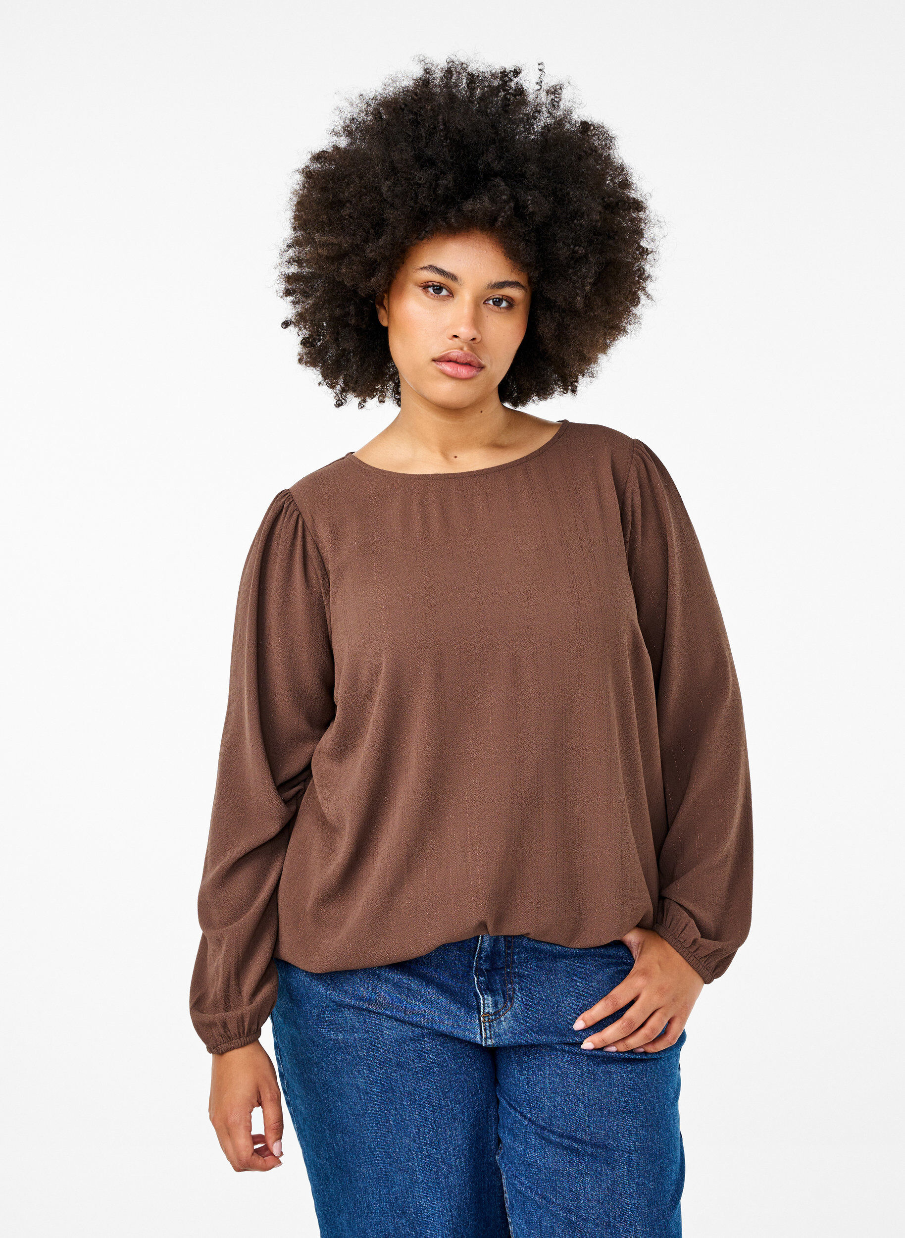 Zizzi Blouse met zilveren glitter, Bruin, Model image number 0