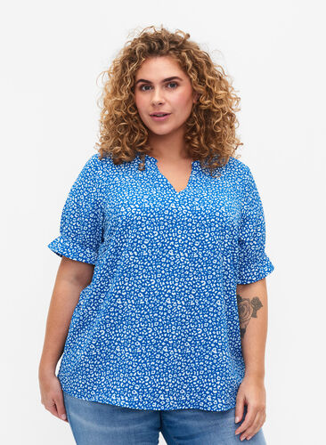 Korte mouw blouse met print , Blue Ditsy, Model image number 0