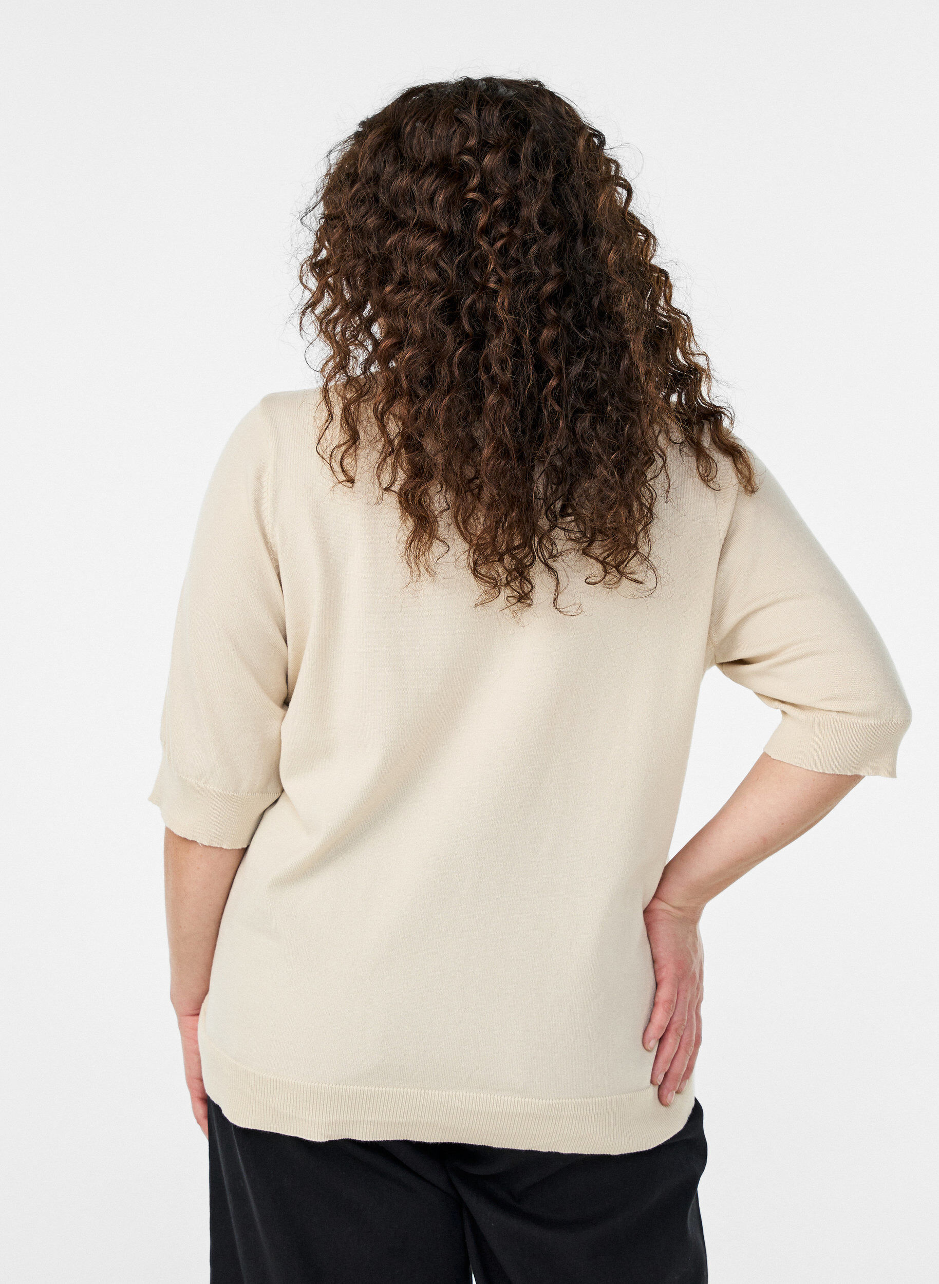 Zizzi FLASH - Fijngebreide blouse met korte mouwen, Beige, Model image number 2
