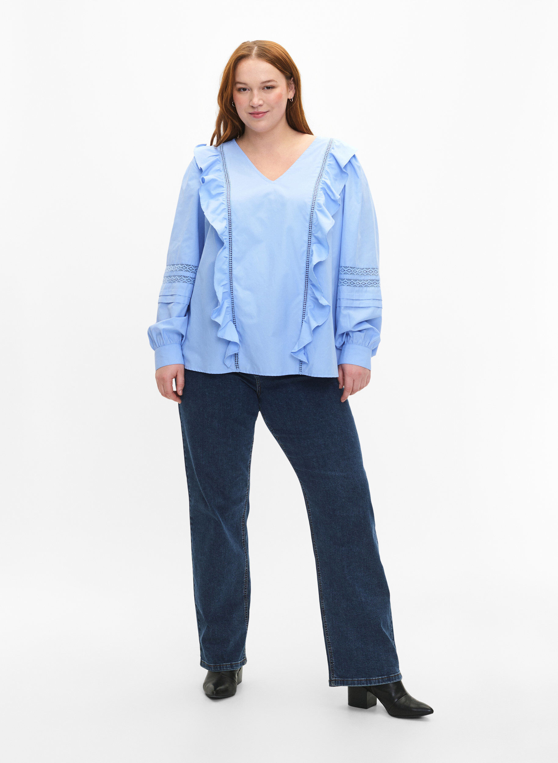 Zizzi Blouse met ruffels en veters, Blauw, Model image number 1
