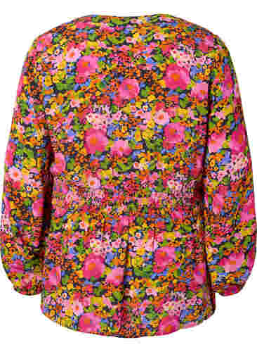 Viscose blouse met bloemenprint en smok, Neon Flower Print, Packshot image number 1