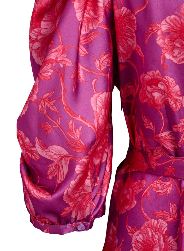 Bloemenjurk met pofmouwen en strikceintuur, Roze, Packshot image number 3