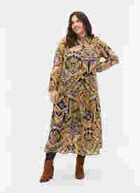 Bedrukte midi-jurk met knopen, Yellow Aztec AOP, Model