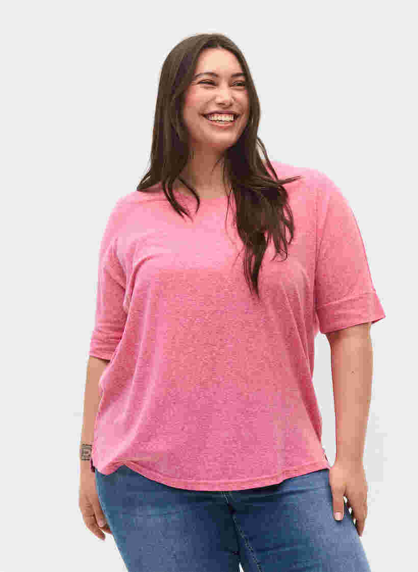 Gemêleerde blouse met korte mouwen, Fuchsia Purple Mel., Model image number 0