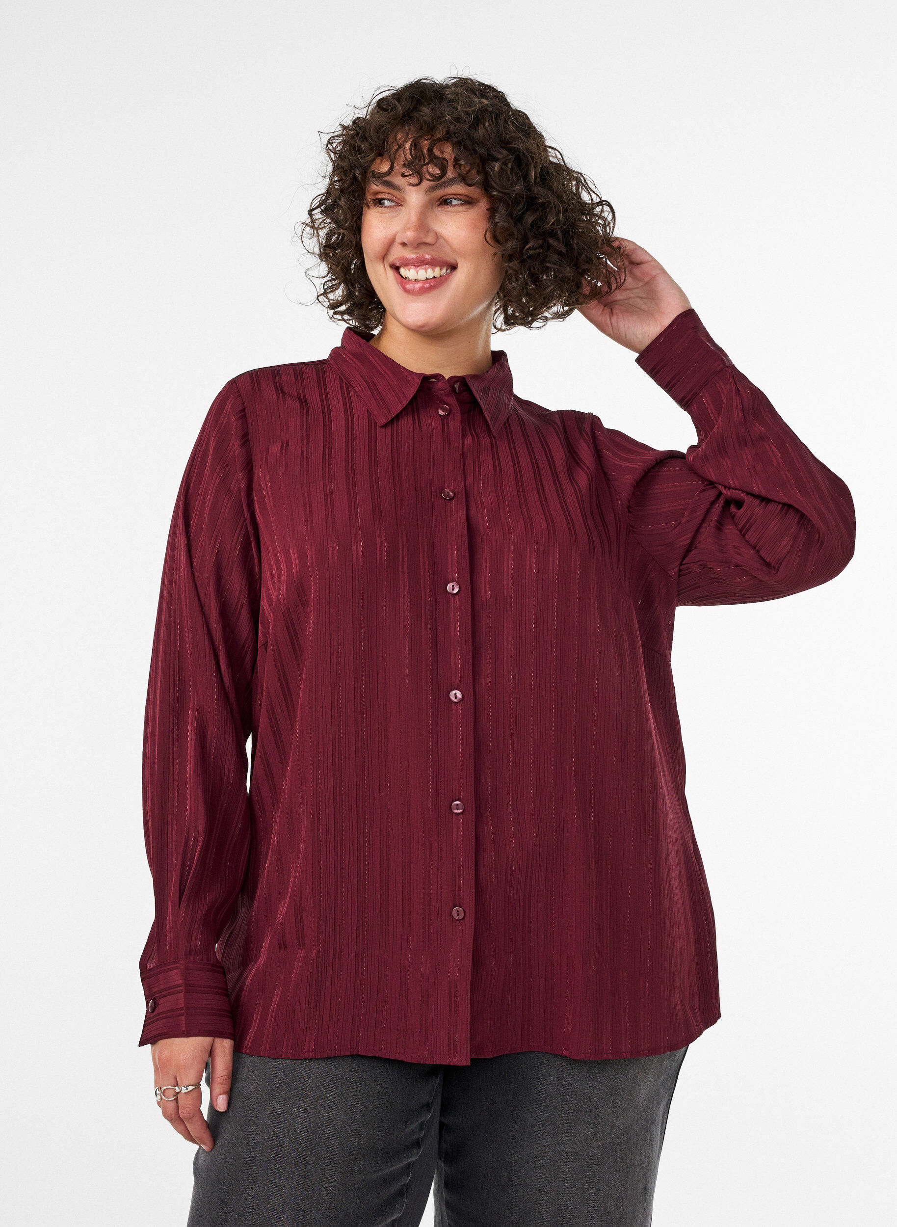 ZizziShirt met gestructureerde strepen en glitterdraden, Rood, Model image number 0