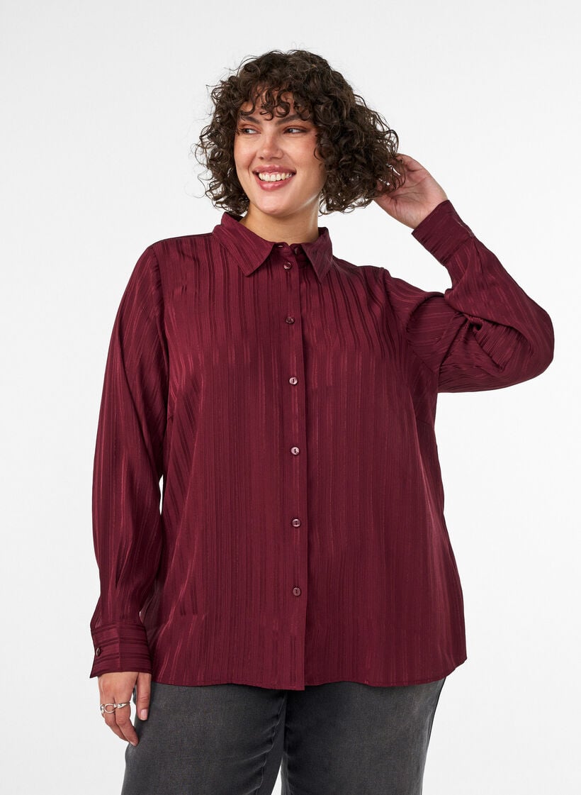 Shirt met gestructureerde strepen en glitterdraden, Rood, Model image number 0