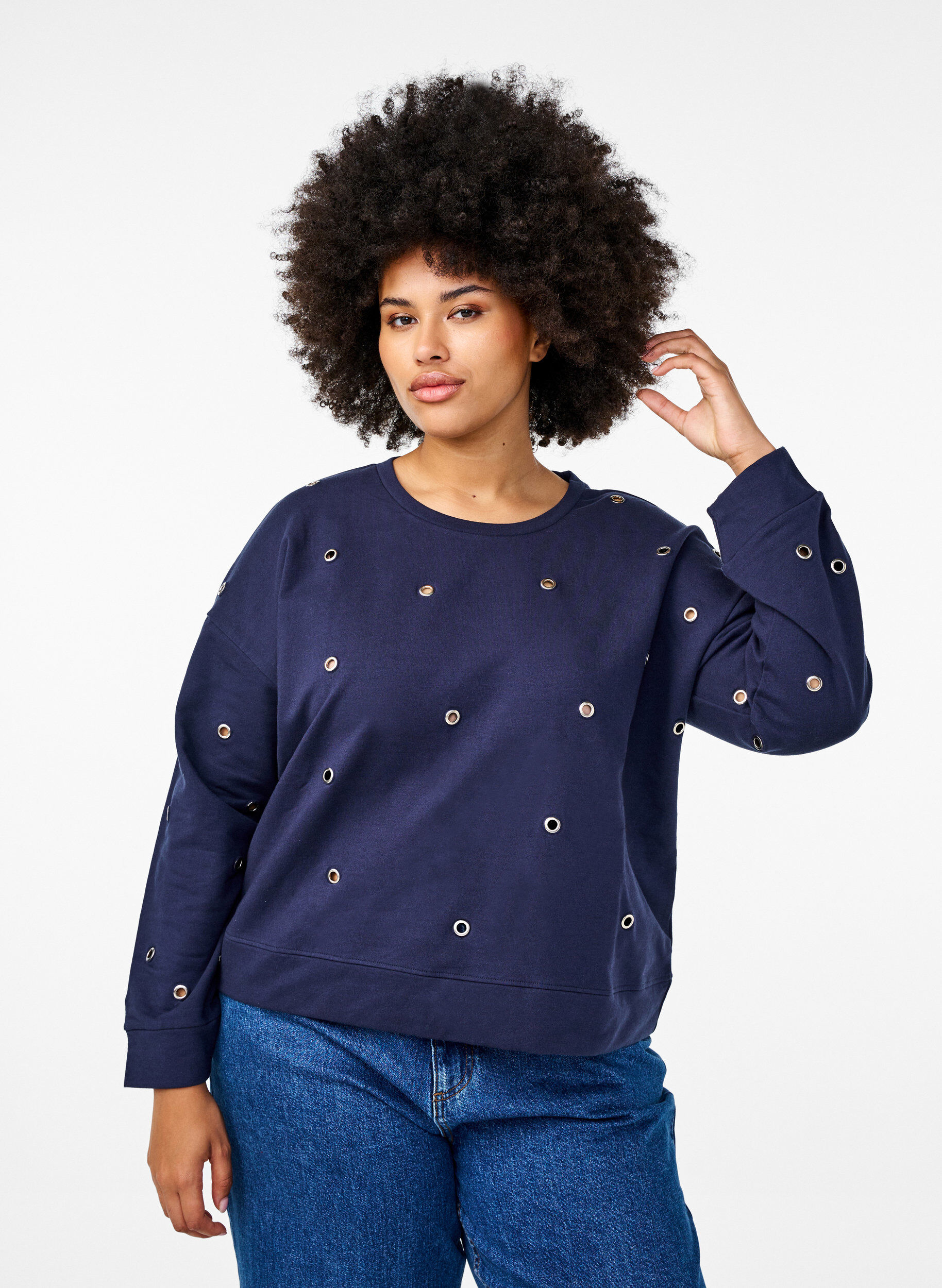 Zizzi Sweatshirt met oogjes, Blauw, Model image number 0