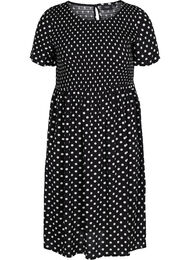 Viscose jurk met print en smokwerk, Black Dot