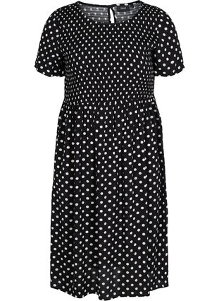 Viscose jurk met print en smokwerk, Black Dot, Packshot image number 0