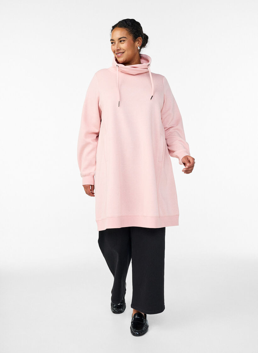 Kort sweatshirt jurk met hoge kraag en zakken, Rood, Model image number 1