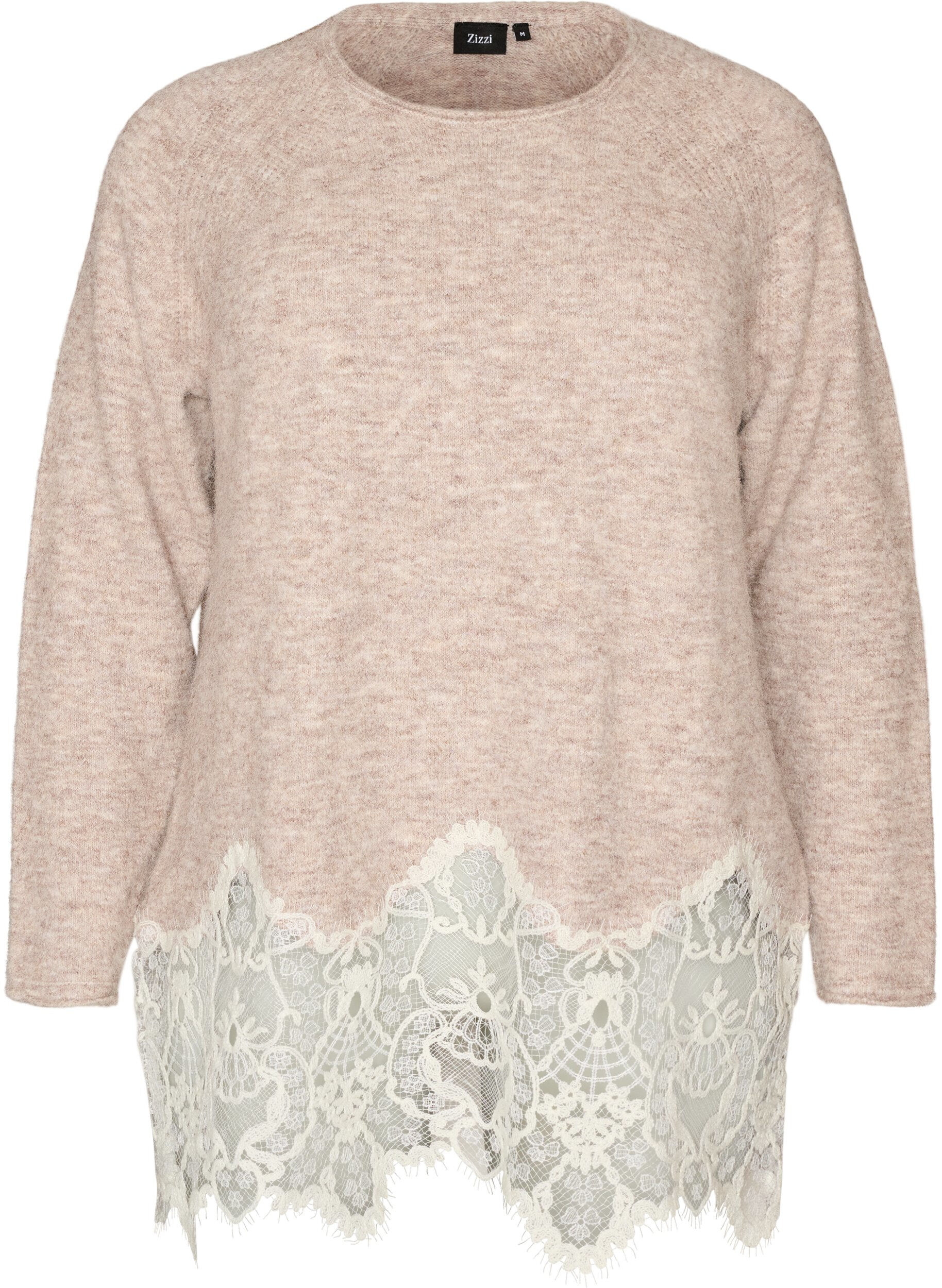 ZizziGebreide blouse met raglanmouwen en een brede kanten rand, Beige, Packshot image number 0