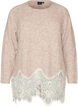 Gebreide blouse met raglanmouwen en een brede kanten rand, Beige, Packshot image number 0