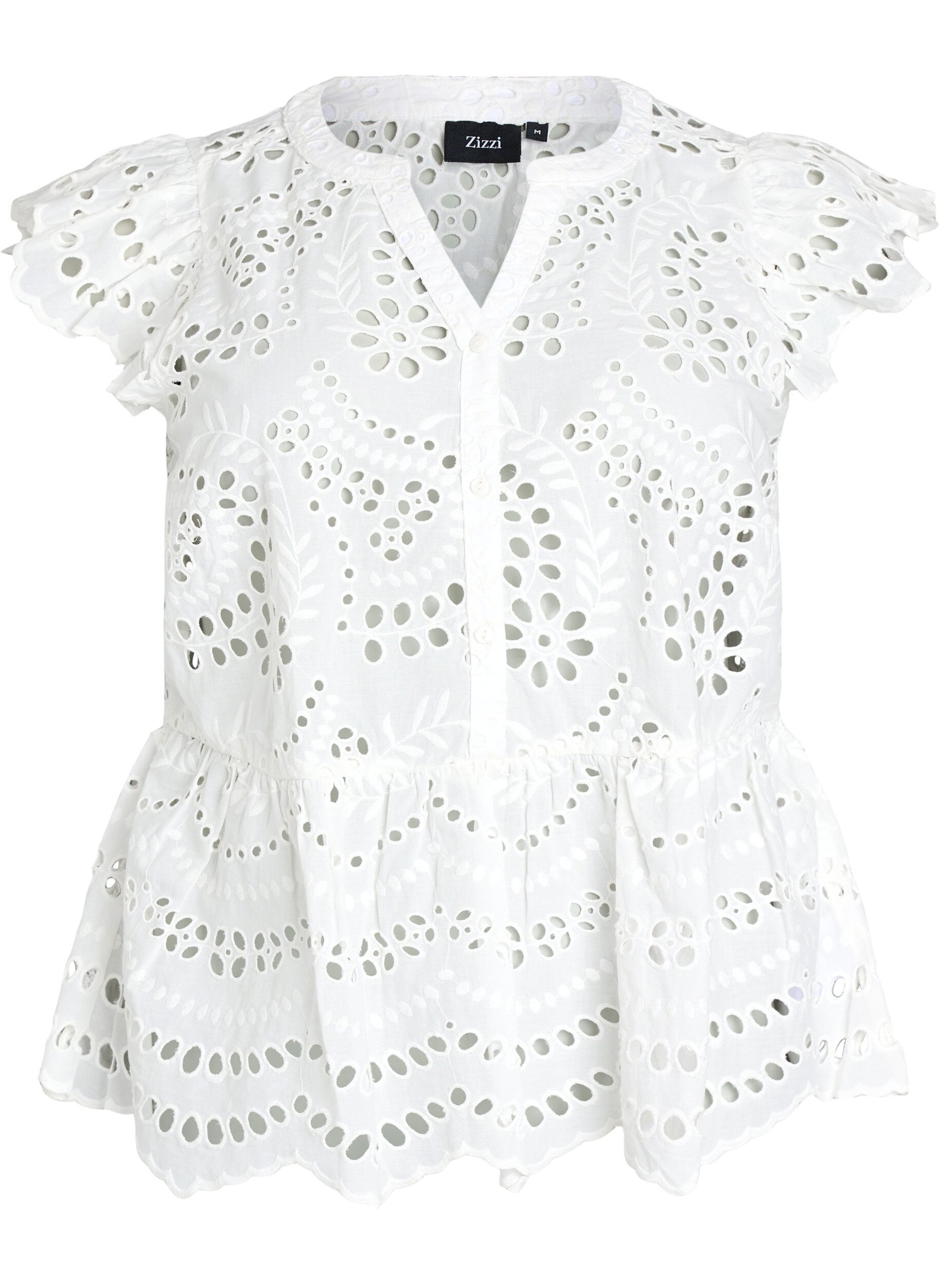 Zizzi Mouwloze blouse met broderie anglaise en ruches, Wit, Packshot image number 0
