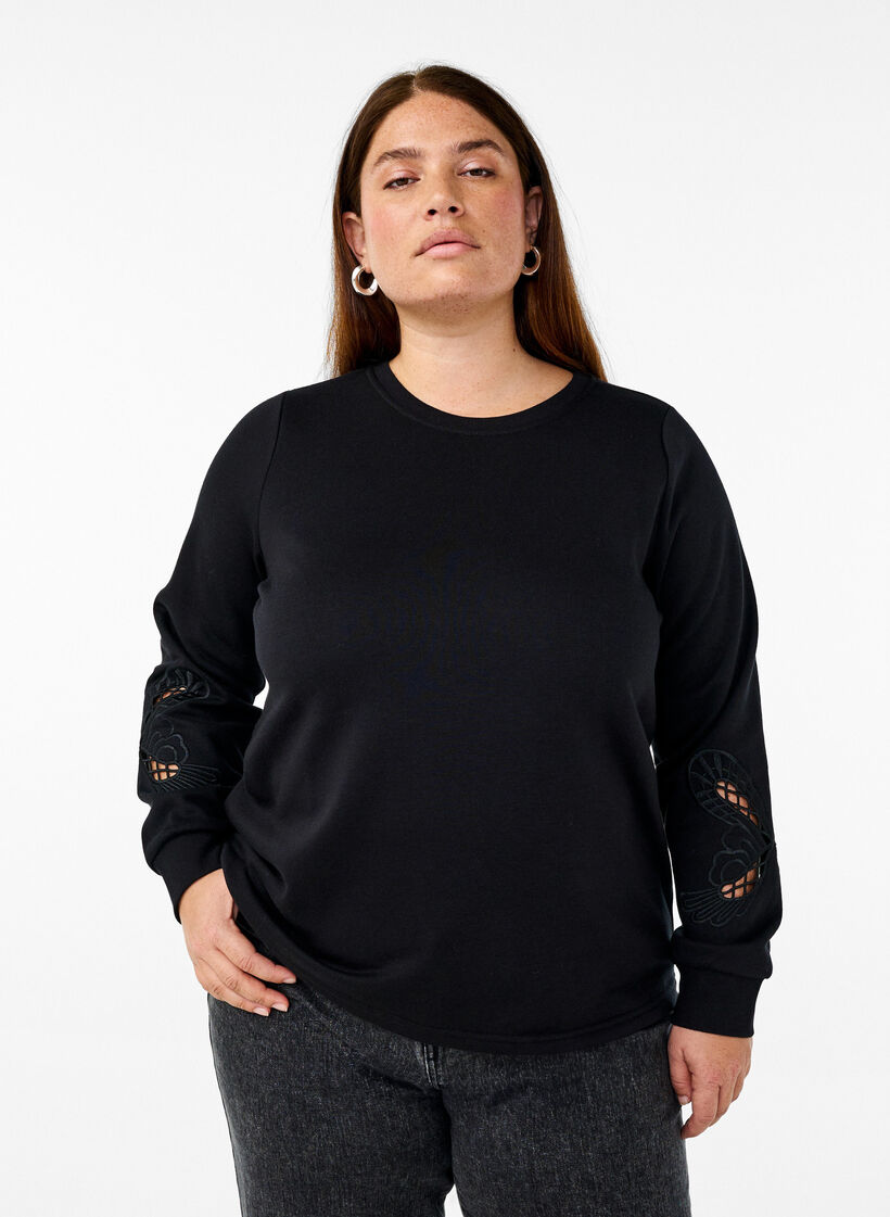 Sweatshirt met geborduurde uitsneden, Black, Model image number 0