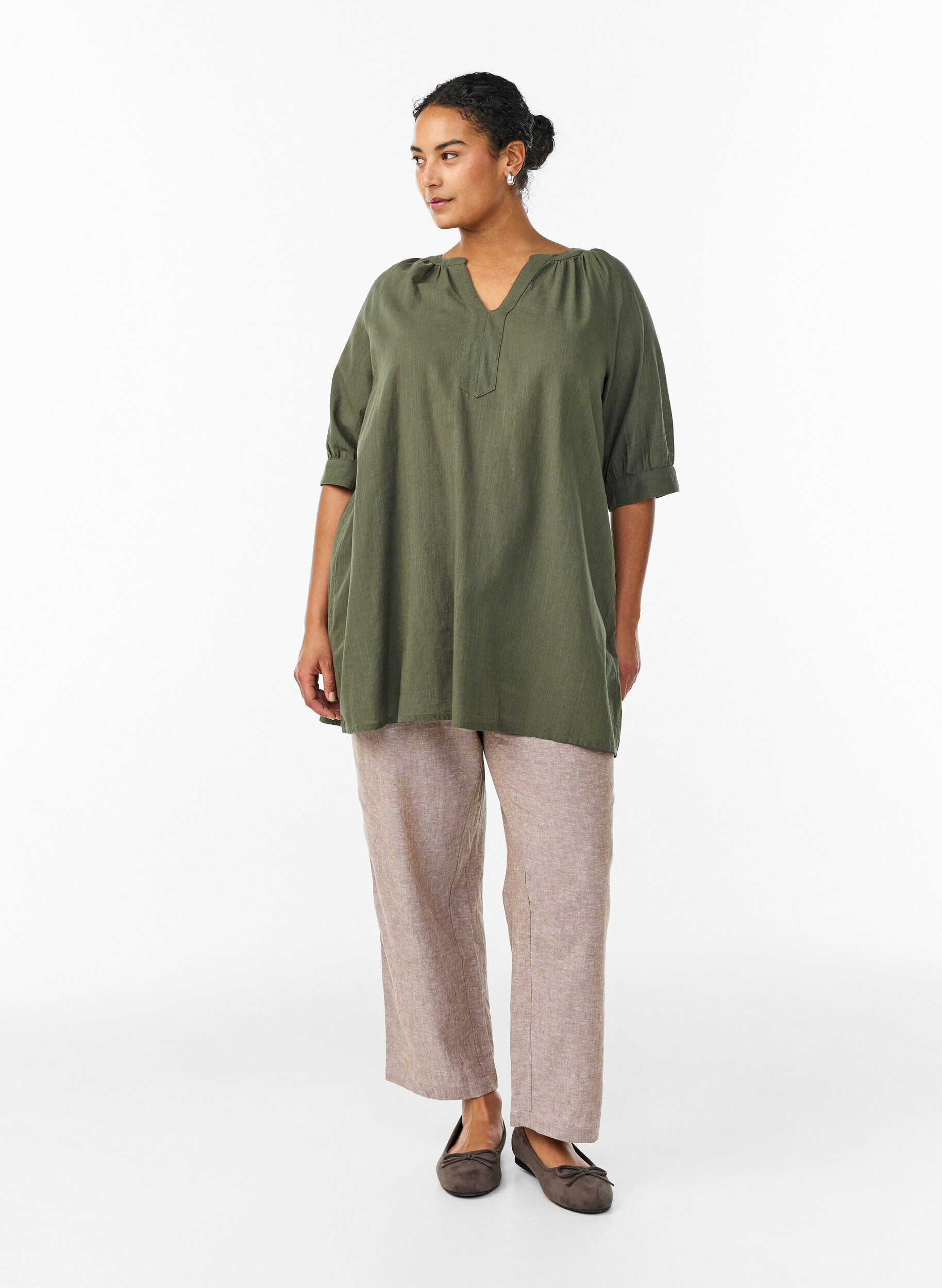 Zizzi Katoenen tuniek met V-hals, Groen, Model image number 1