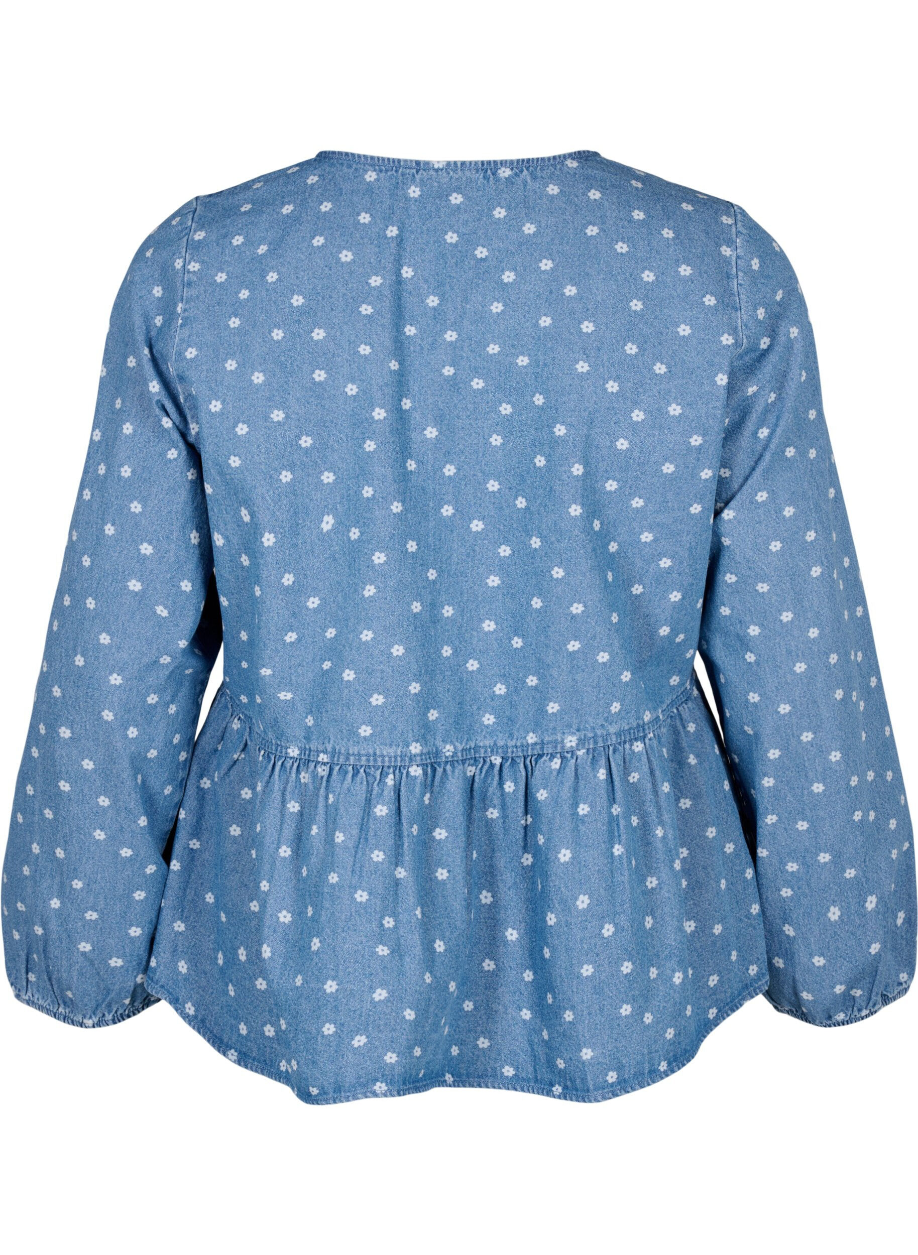 Zizzi Denim peplum blouse met striksluiting, Light Blue w.Flowers, Packshot image number 1