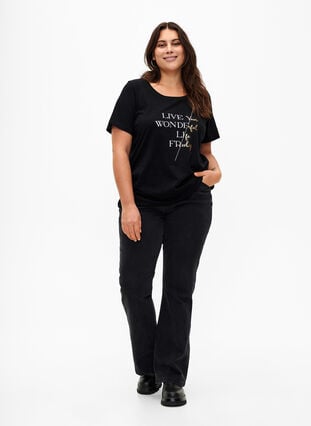 Katoenen t-shirt met korte mouwen en elastische rand, Black w. Live, Model image number 2