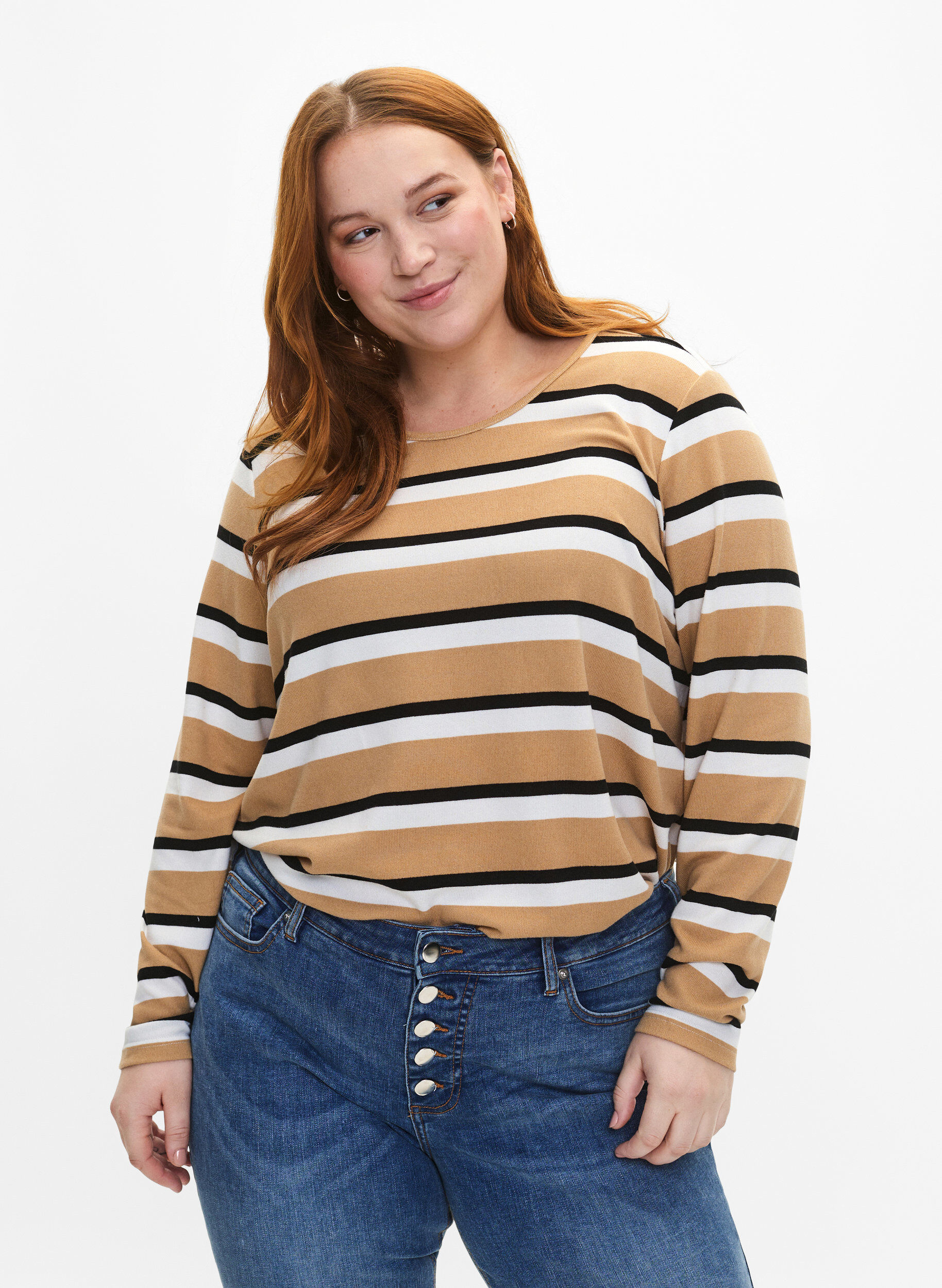 ZizziGestreepte blouse met lange mouwen, Zwart, Model image number 0