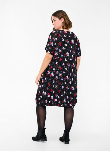 Viscose jurk met print en korte mouwen , Black Dot Flower, Model image number 1