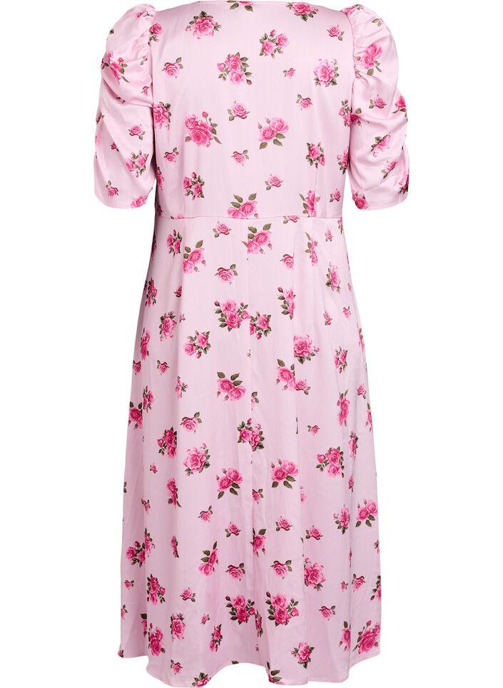 Midi-jurk met bloemen en pofmouwen, Roze, Packshot image number 1
