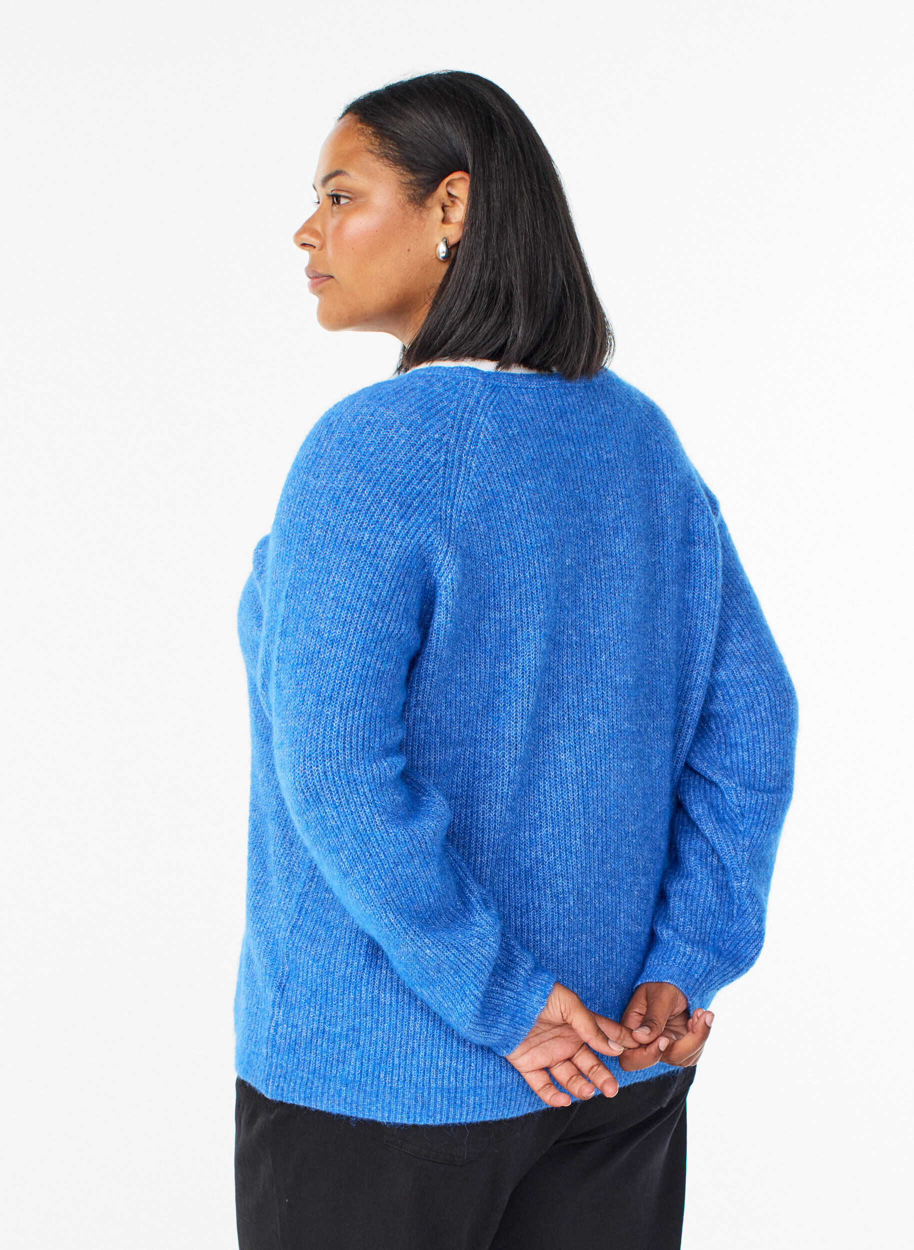ZizziGebreide blouse met V-hals en raglanmouwen, Blauw, Model image number 2