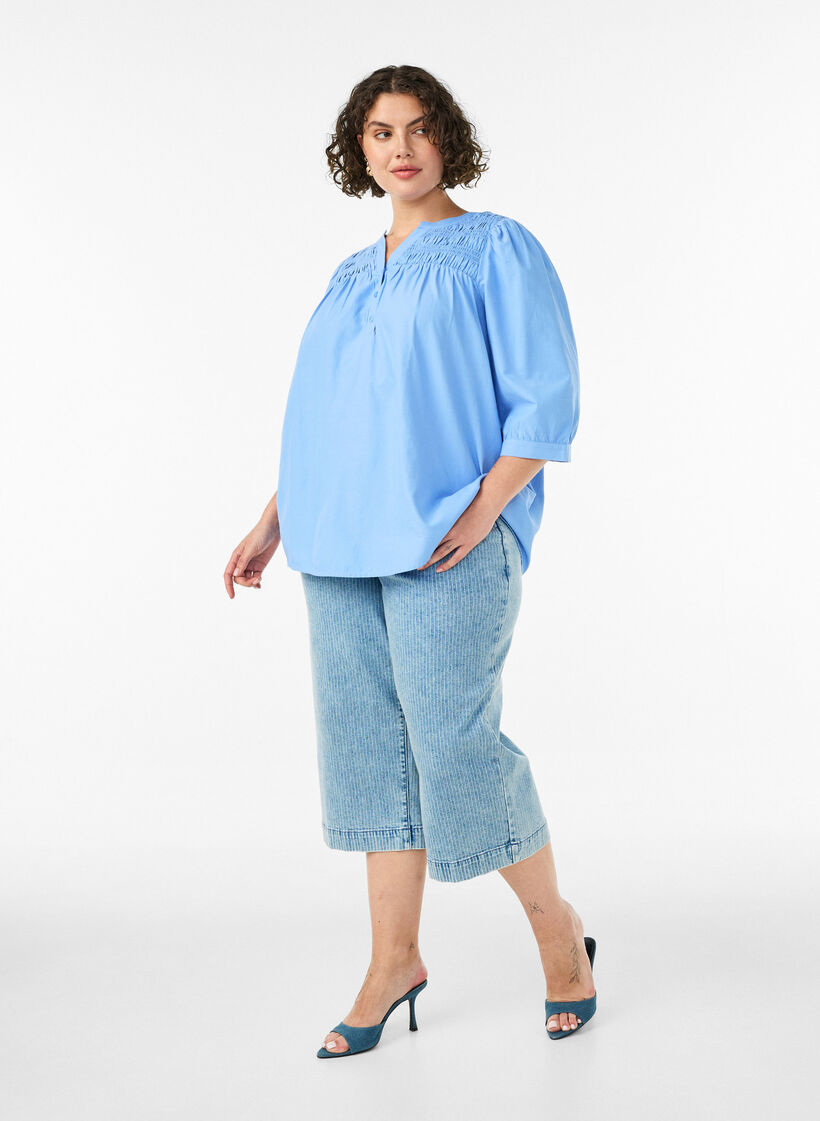 Blouse met smock en 3/4 mouwen, Blauw, Model image number 1