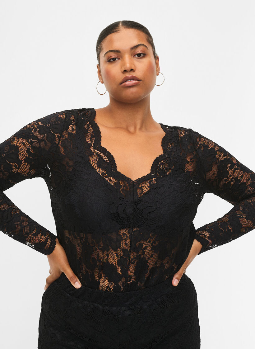 Kanten blouse met V-hals en lange mouw, Black, Model image number 2