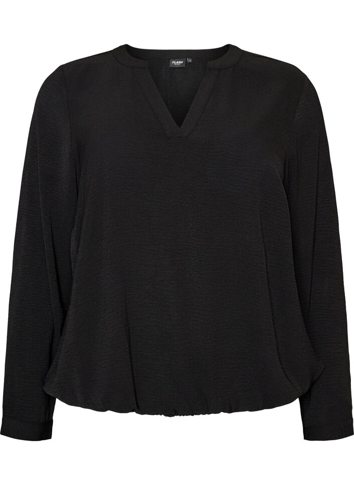 Blouse met ballonsilhouet en V-hals, Zwart, Packshot image number 0
