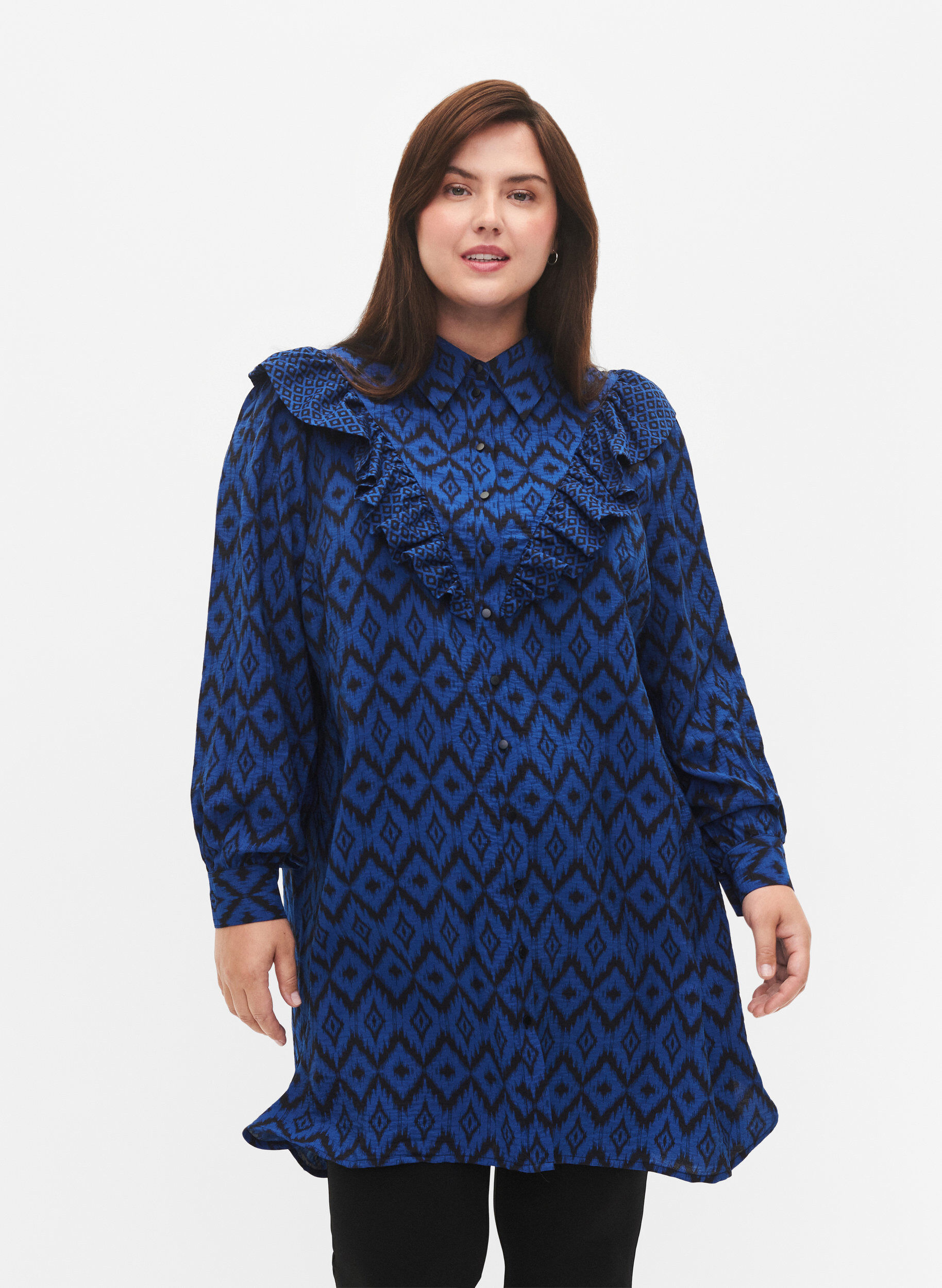Zizzi Lange viscose shirt met print en franjes, True blue w. Black, Model image number 0