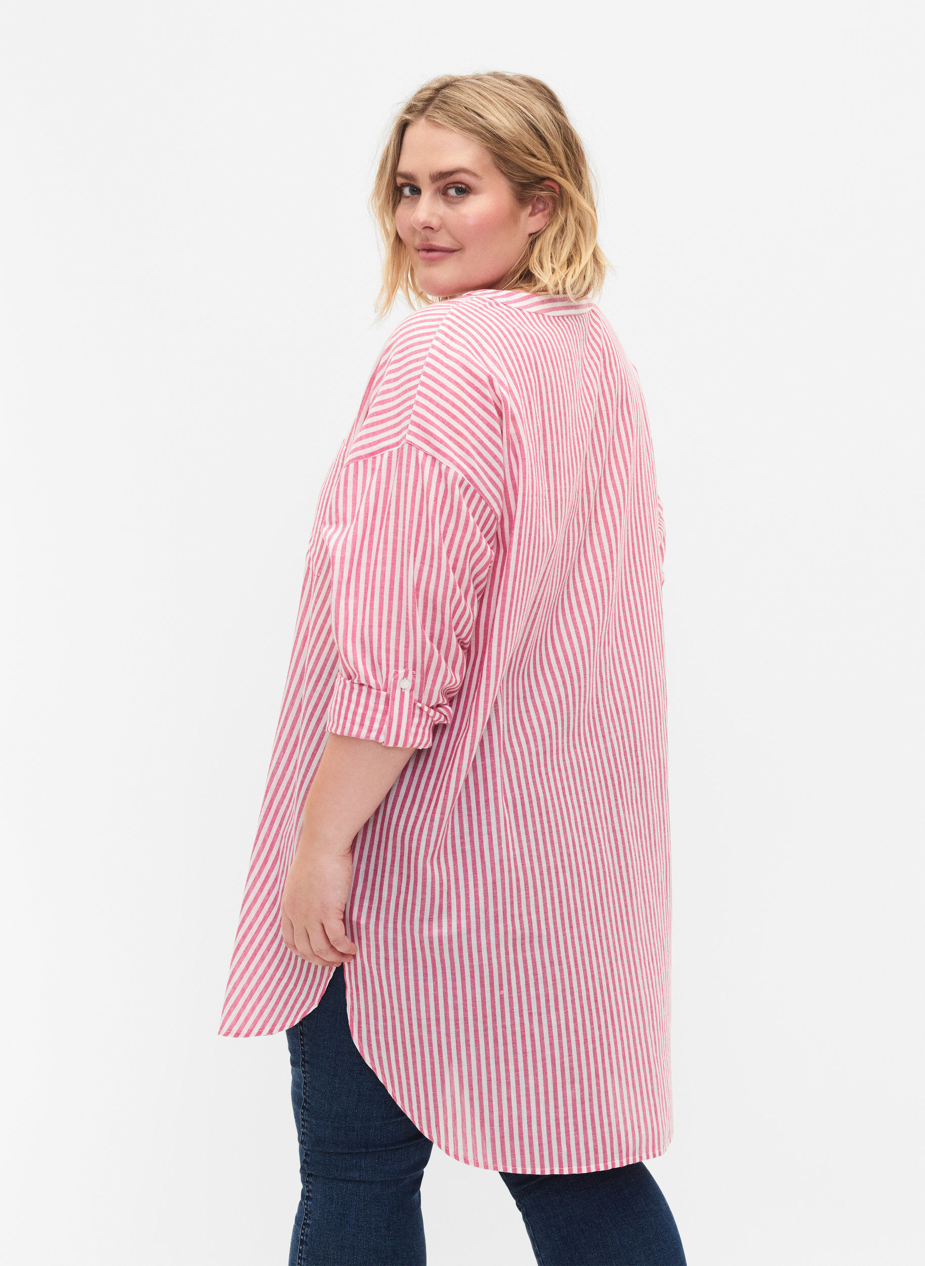 Zizzi Gestreepte tuniek met v-hals en knopen, Beetroot Stripe, Model image number 1