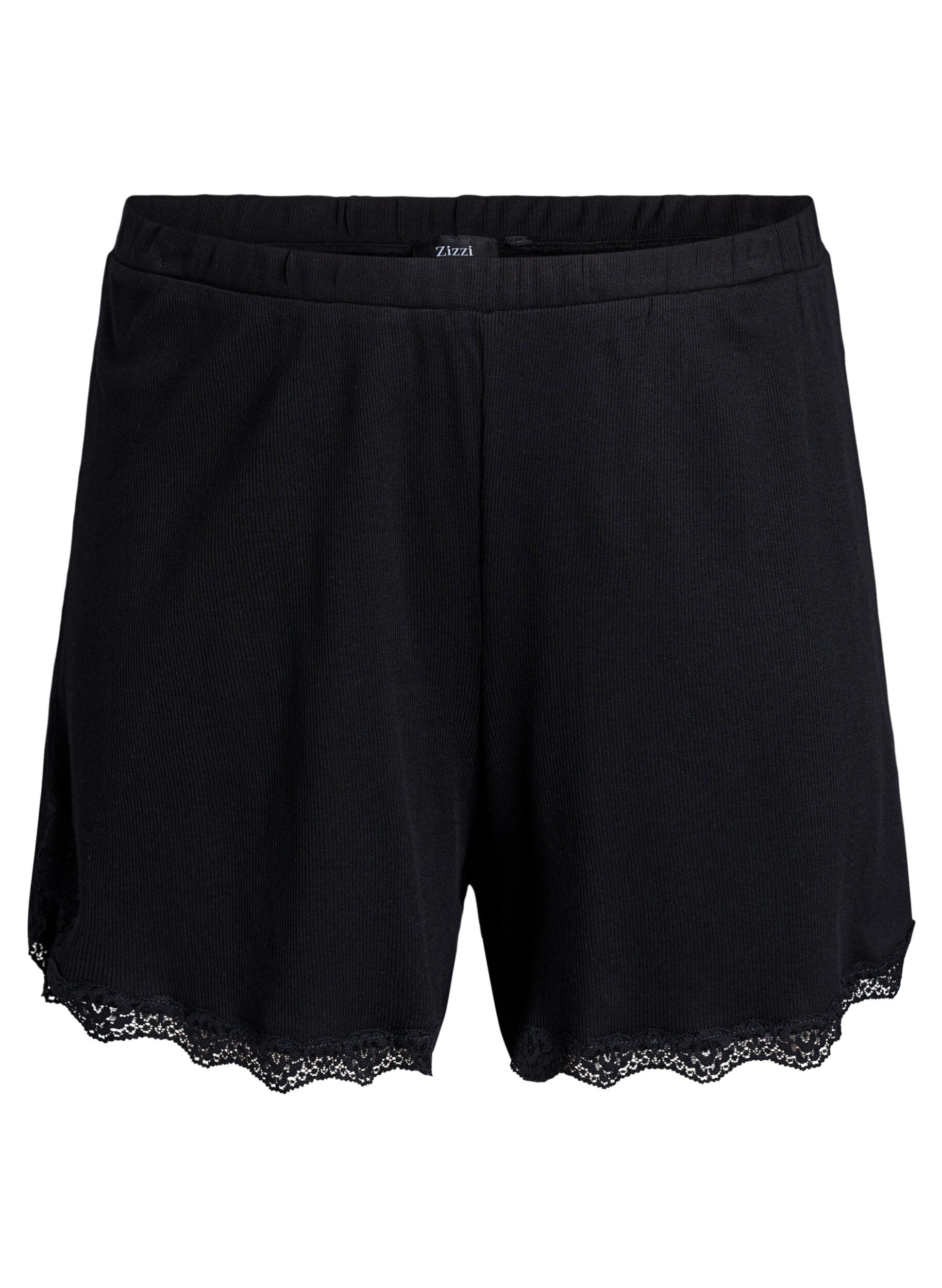 Zizzi Lichte nachtshorts met ribde structuur en kanten afwerking, Zwart, Packshot image number 0