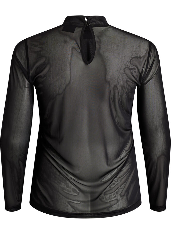 Getailleerde blouse van mesh met lange mouwen, Zwart, Packshot