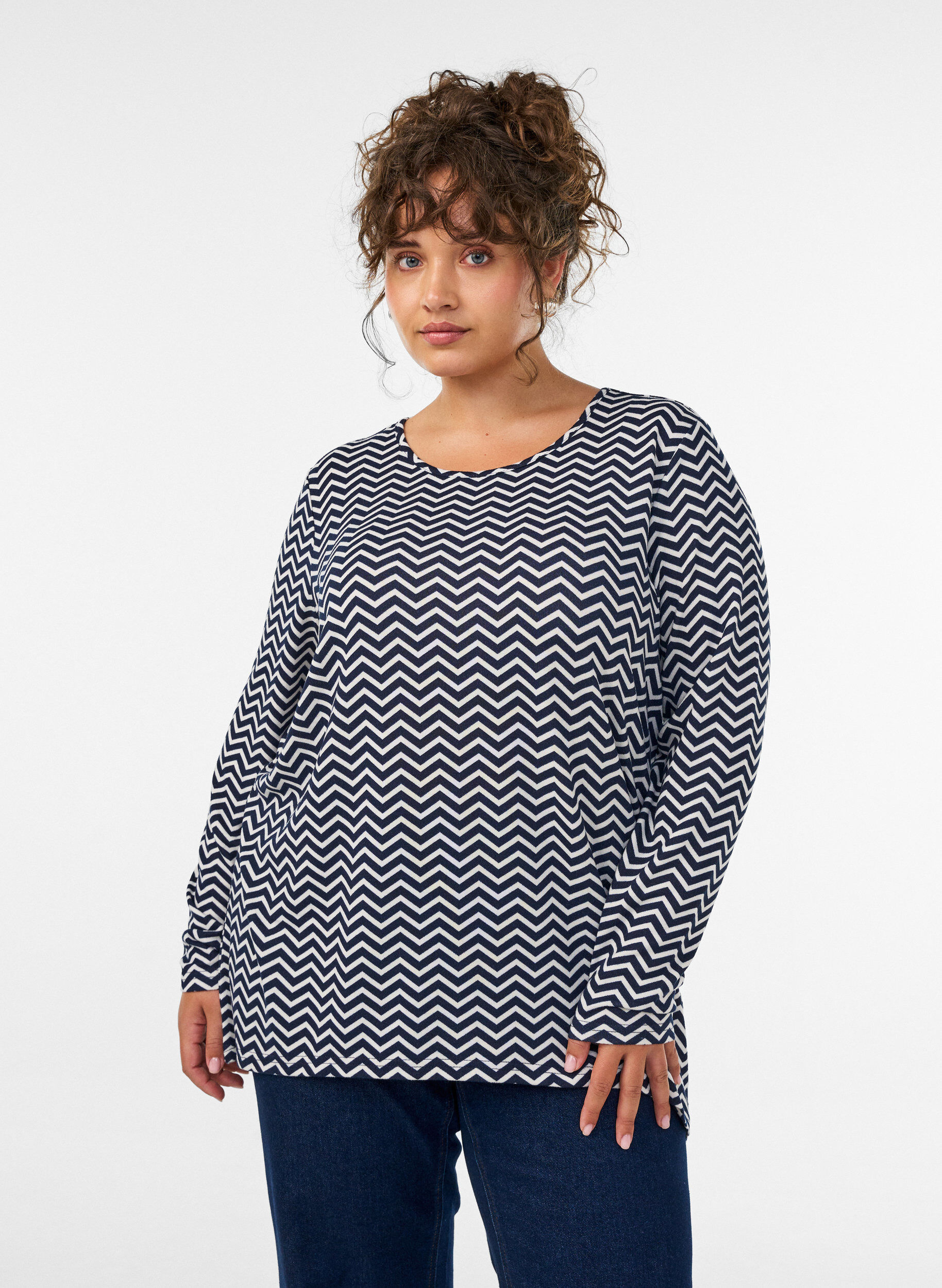 Gedessineerde blouse met lange mouwen, Blauw, Model