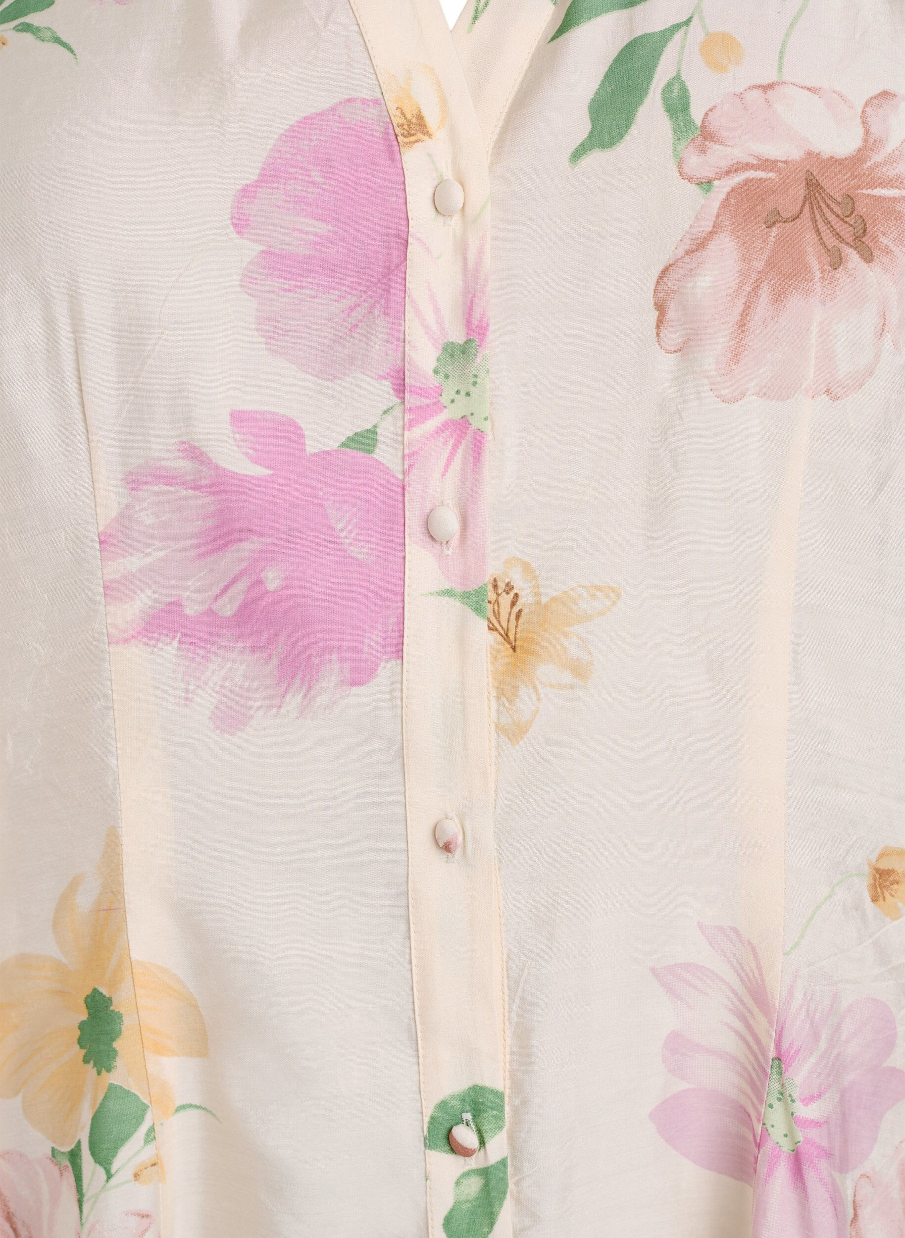 Zizzi Bloemen midijurk met volantkraag en knoopsluiting, Beige, Packshot image number 2