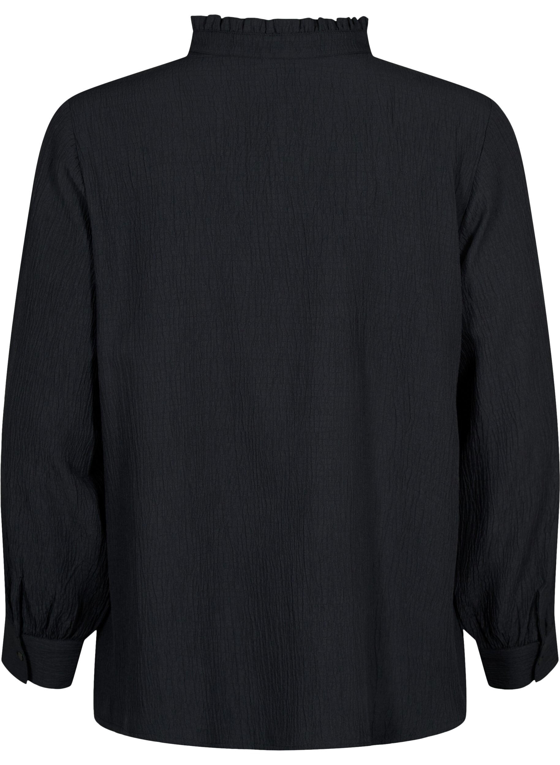 Zizzi Blouse met ruche kraag en lange mouwen, Black, Packshot image number 1