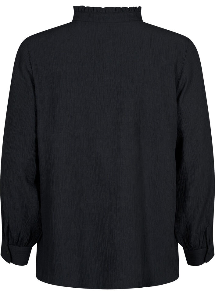 Blouse met ruche kraag en lange mouwen, Black, Packshot image number 1