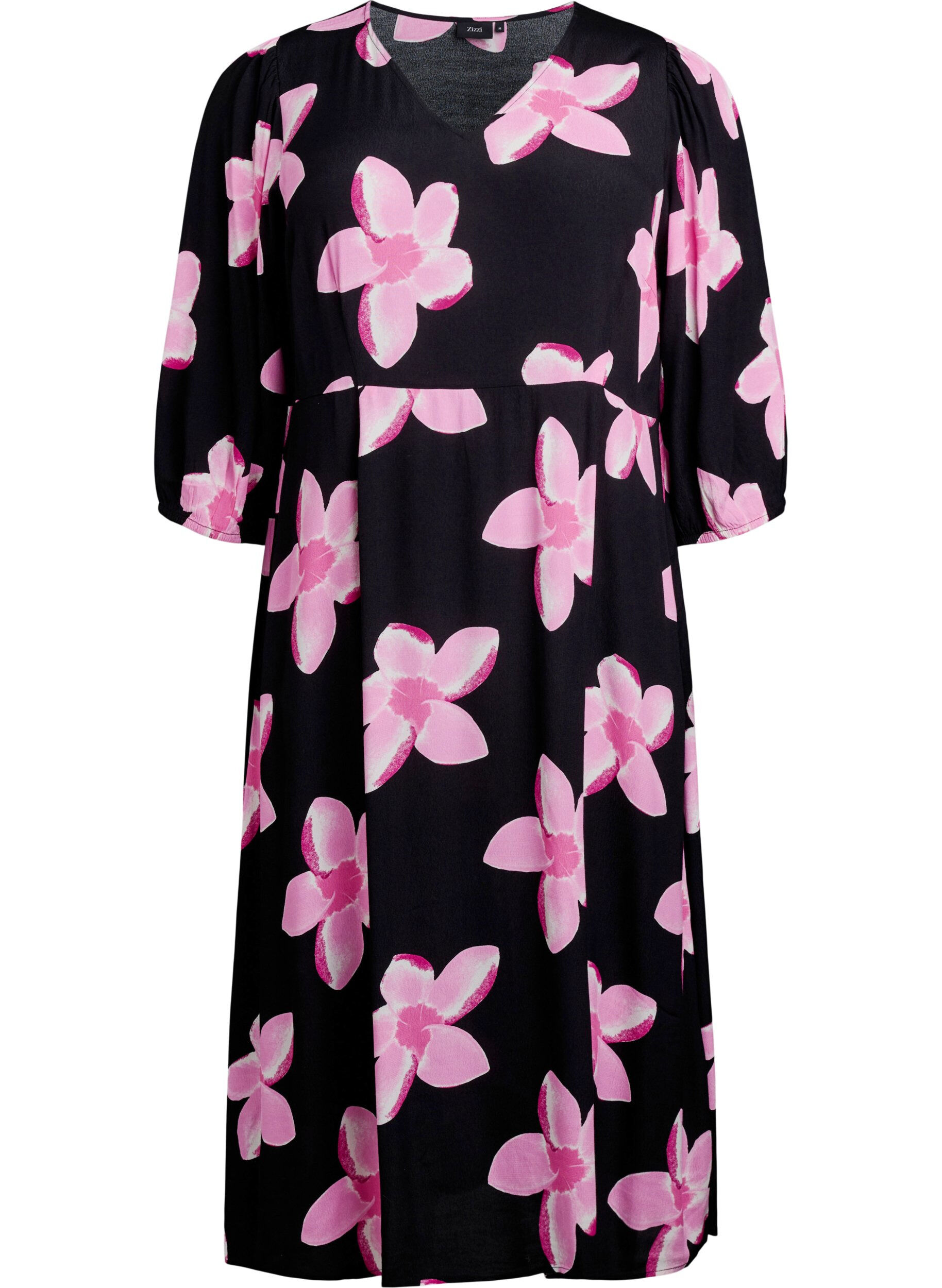 Zizzi Midi-jurk met bloemenprint en 3/4 mouwen, Zwart, Packshot image number 0