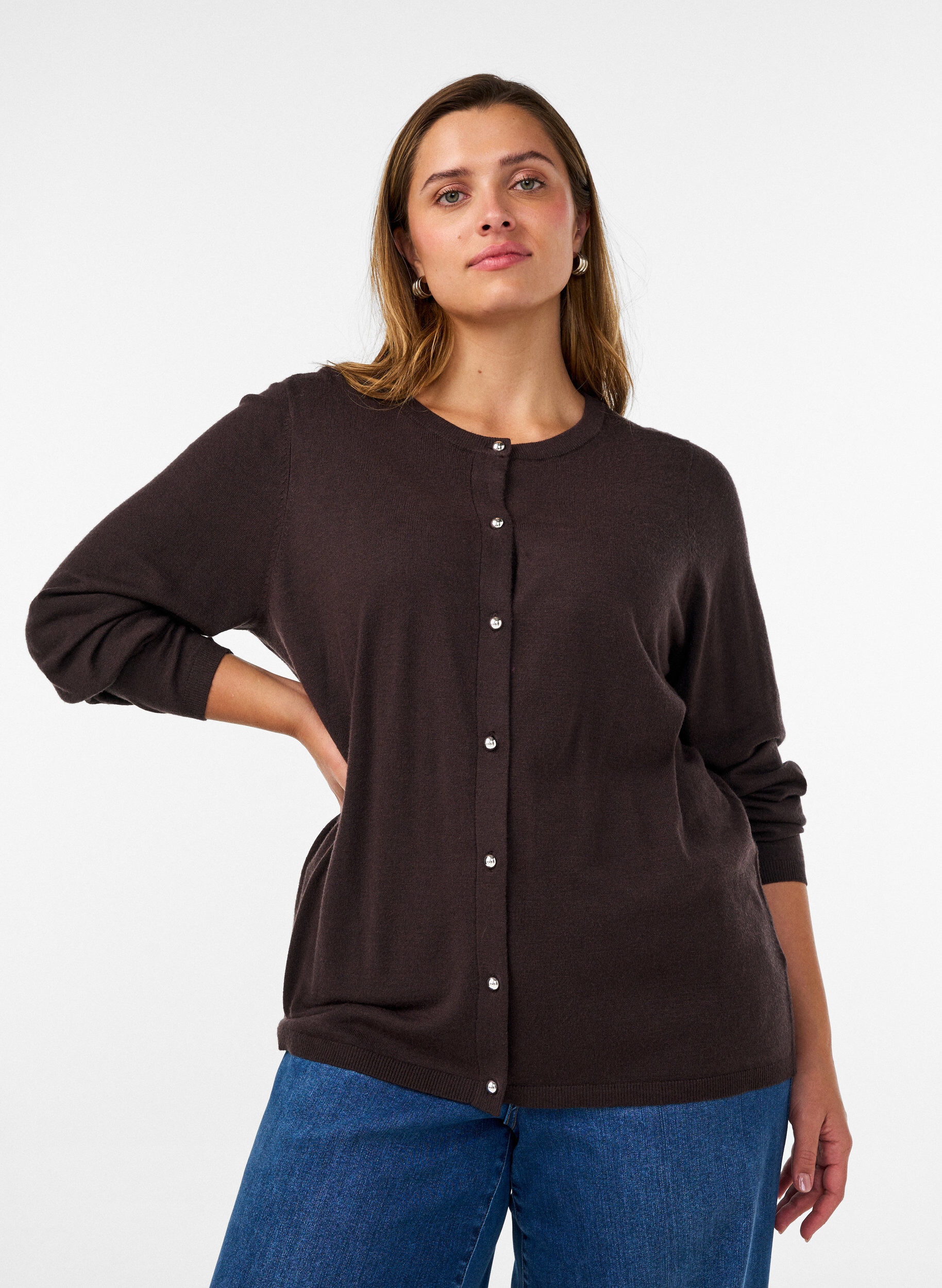 ZizziCardigan met ronde knopen, Bruin, Model image number 0