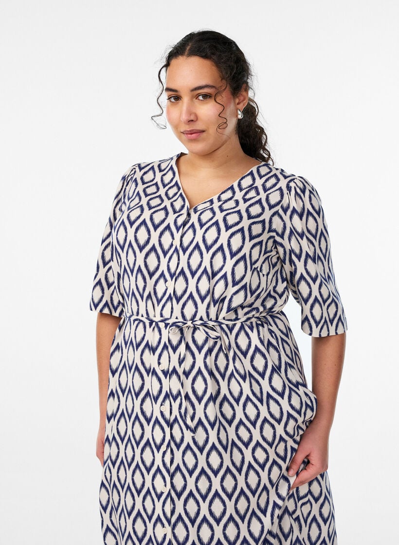 Midijurk met print en strikceintuur, Vanille, Model image number 2