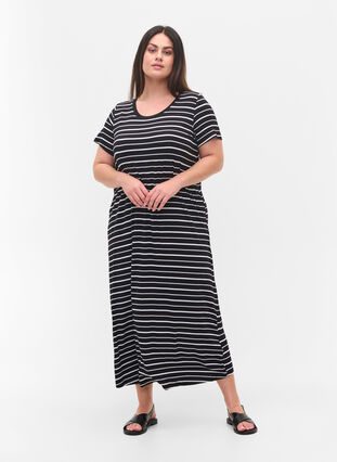 Gestreepte midi-jurk met korte mouwen, Black w. Stripe, Model image number 2