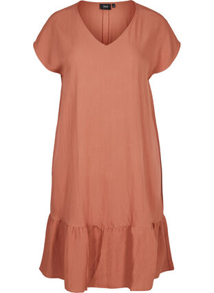 Viscose jurk met korte mouwen en v-hals, Copper Brown, Packshot image number 0