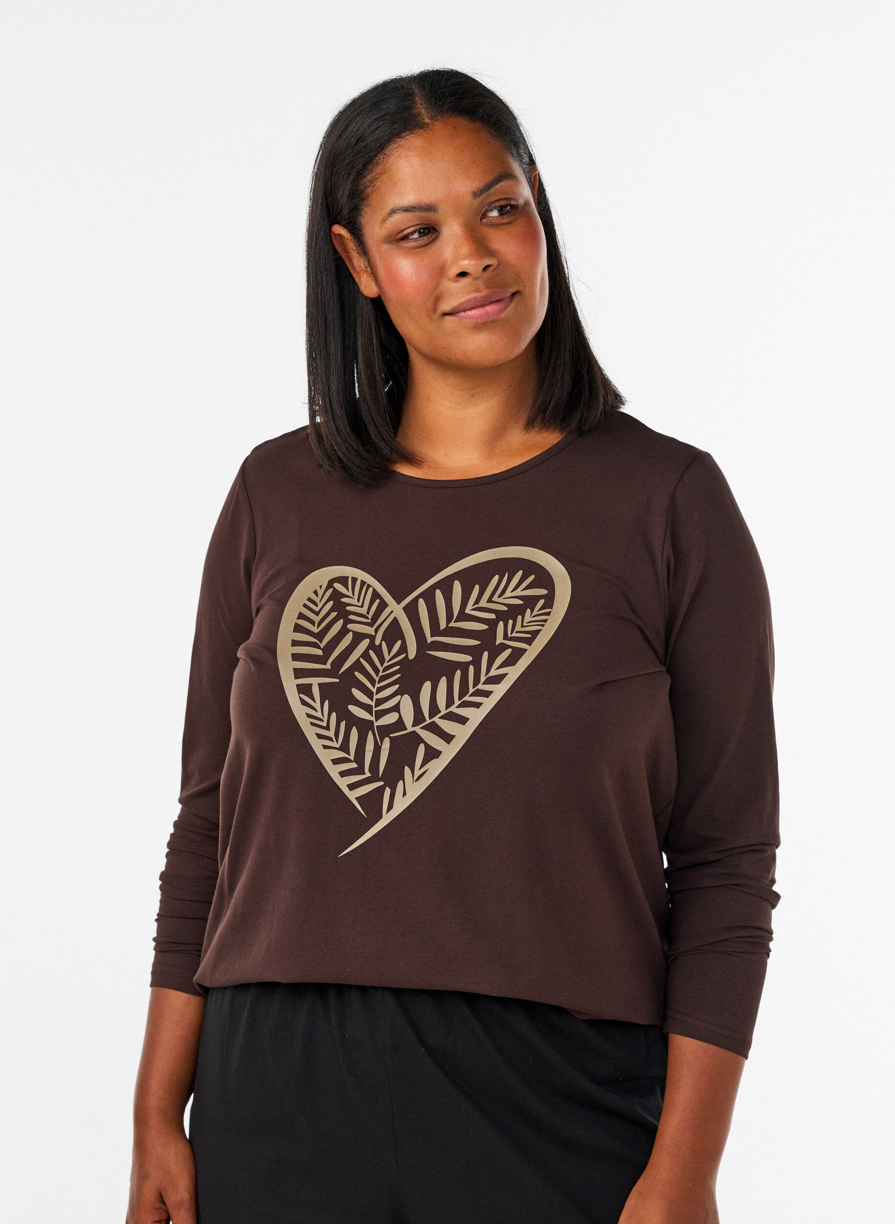 ZizziKatoenen pyjama top met hartjesprint, Bruin, Model image number 0