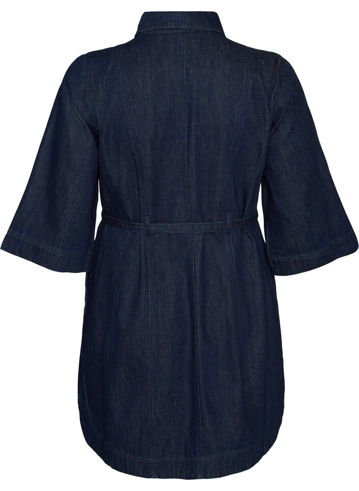 Denimjurk met riem en 3/4-mouwen, Blauw, Packshot image number 1