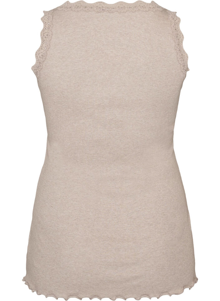 Geribde top met kanten afwerking, Beige, Packshot image number 1
