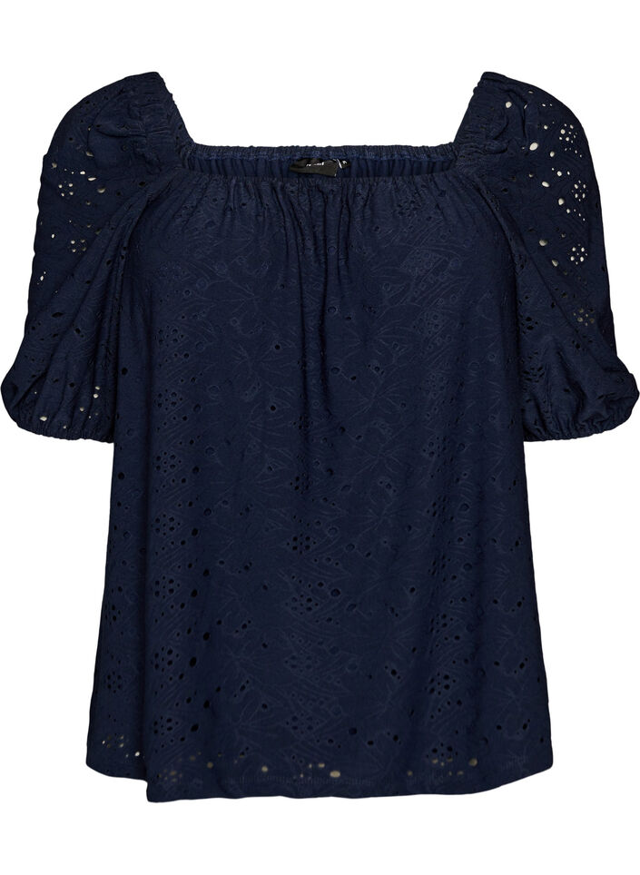 Blouse met korte pofmouwen en een opengewerkt patroon, Blauw, Packshot image number 0