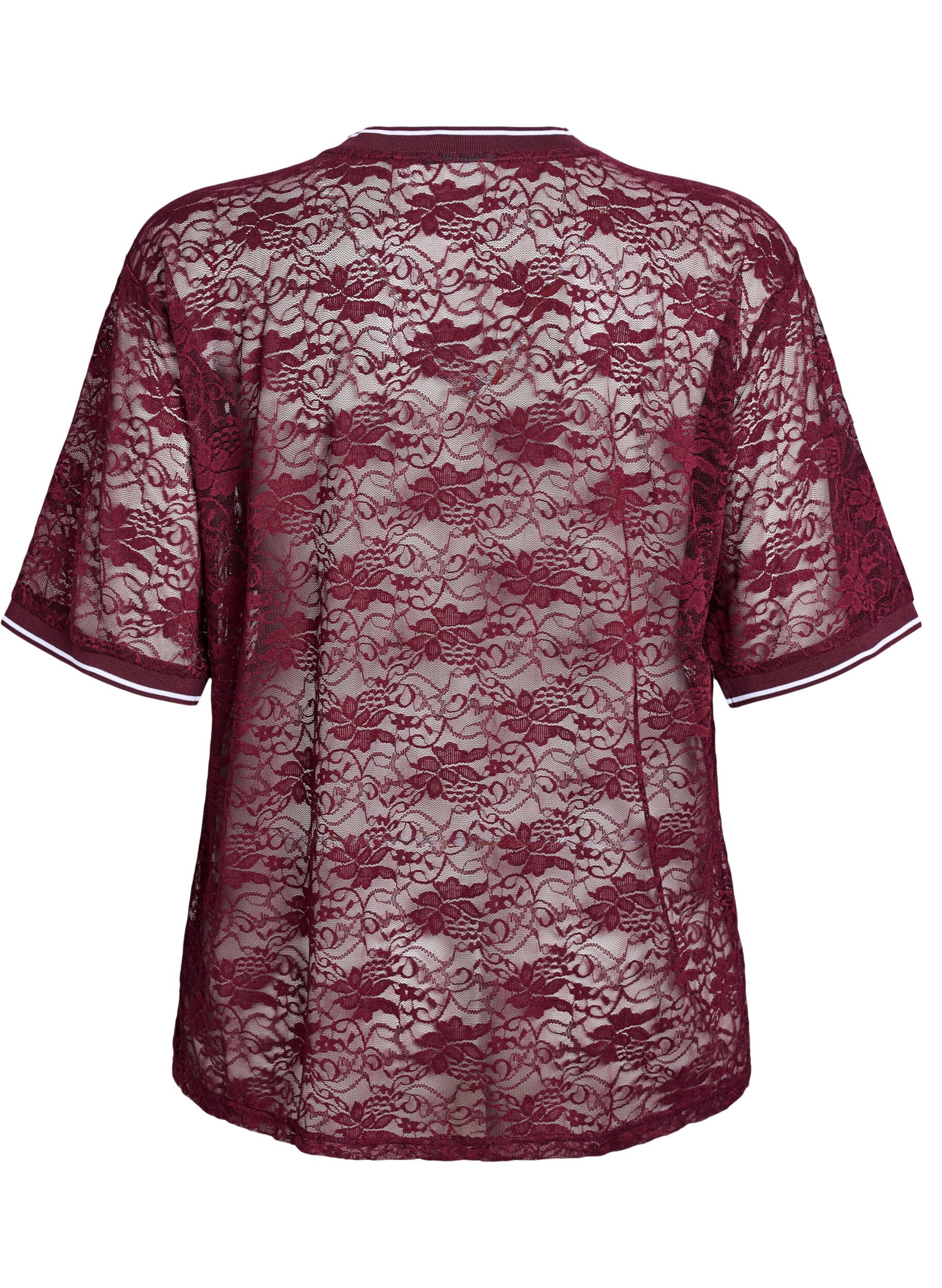 Zizzi Sportief T-shirt van kant met losse pasvorm, Donker Bordeaux, Packshot image number 1
