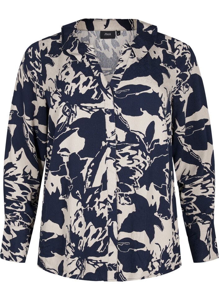 Shirt met lange mouwen, print en V-hals, Navy Blazer AOP, Packshot image number 0
