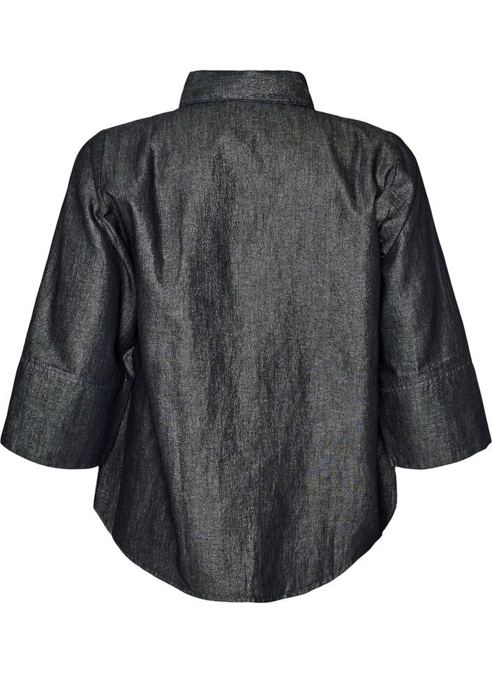 Denimshirt met glitterdraad en 3/4-mouwen, Grijs, Packshot image number 1
